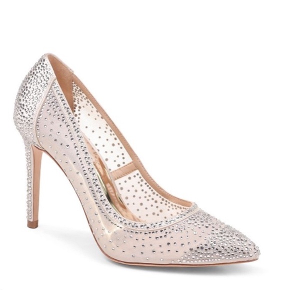 Badgley Mischka Shoes - Badgley Mischka Weslee Embellished Satin & Mesh Pointed Toe Pumps
